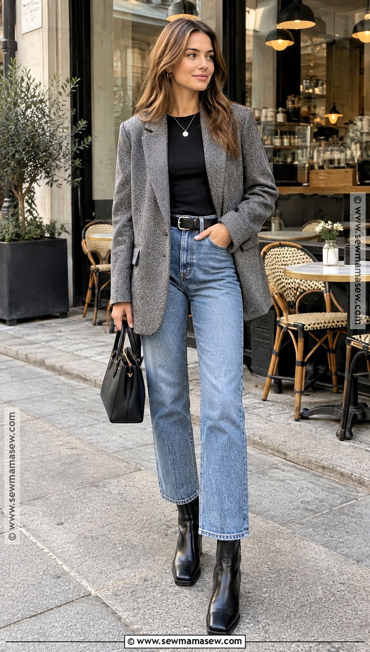 Square Toe Boots With a Blazer and Jeans - 15 fall boots outfit aesthetic