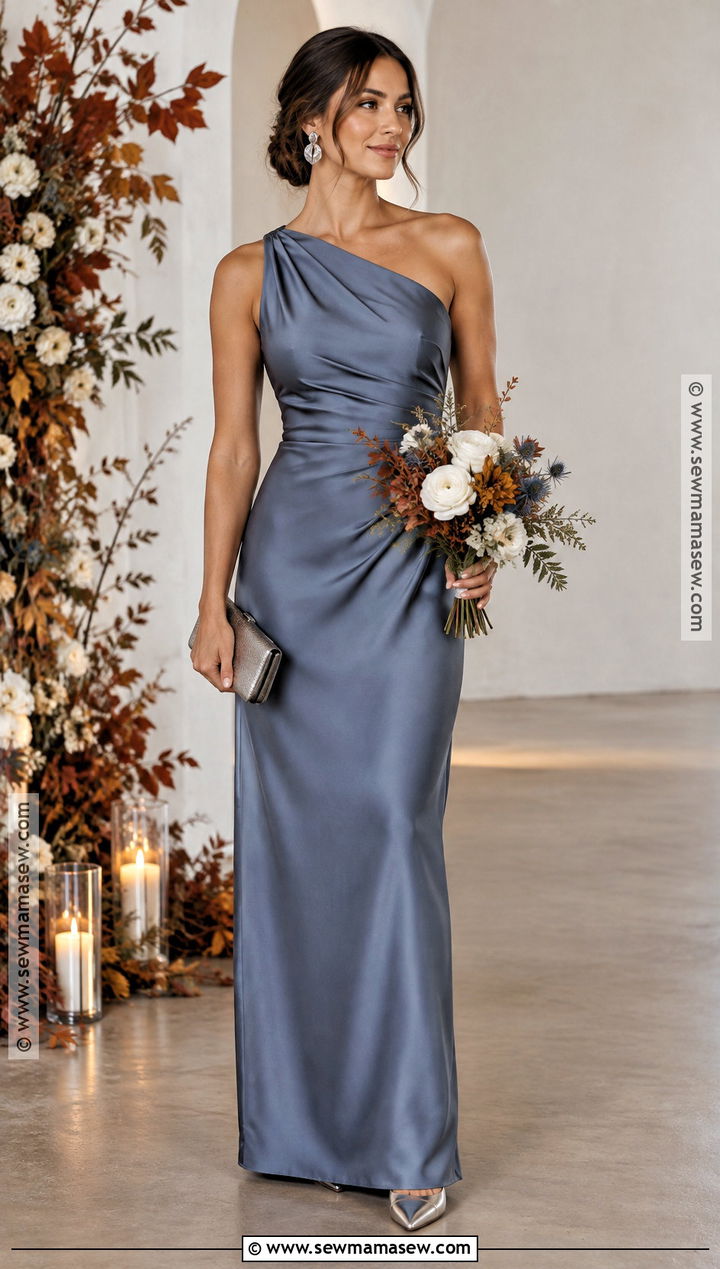 Steel Blue One Shoulder Bridesmaid Dress - 15 blue fall bridesmaid dresses