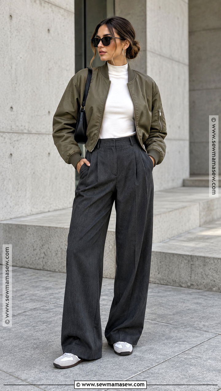 Stockholm Bomber Jacket and Pleated Trousers Outfit - 20 Fall Outfits Stockholm Style