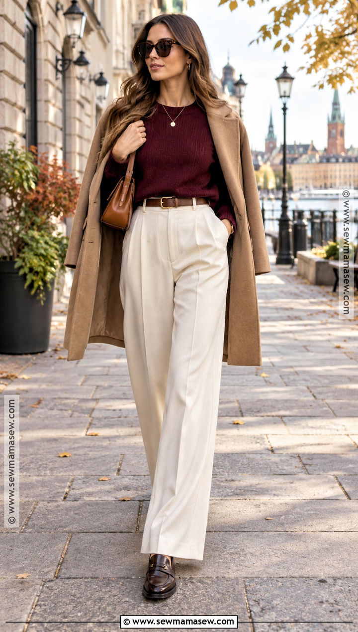 Stockholm Burgundy Knit and Cream Trousers Outfit - 20 Fall Outfits Stockholm Style