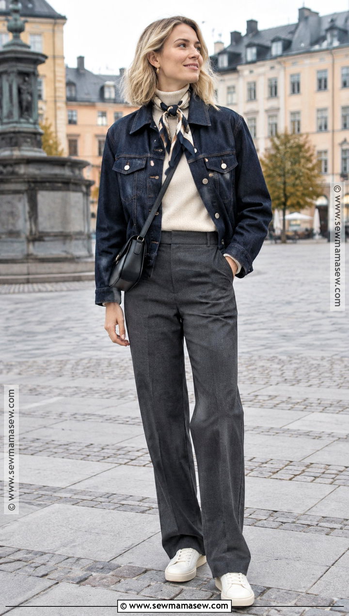 Stockholm Denim Jacket and Tailored Pants Outfit - 20 fall stockholm style ideas