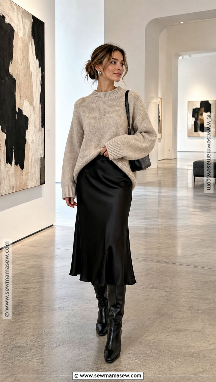Stockholm Knit Sweater and Satin Skirt Outfit - 20 fall stockholm style ideas