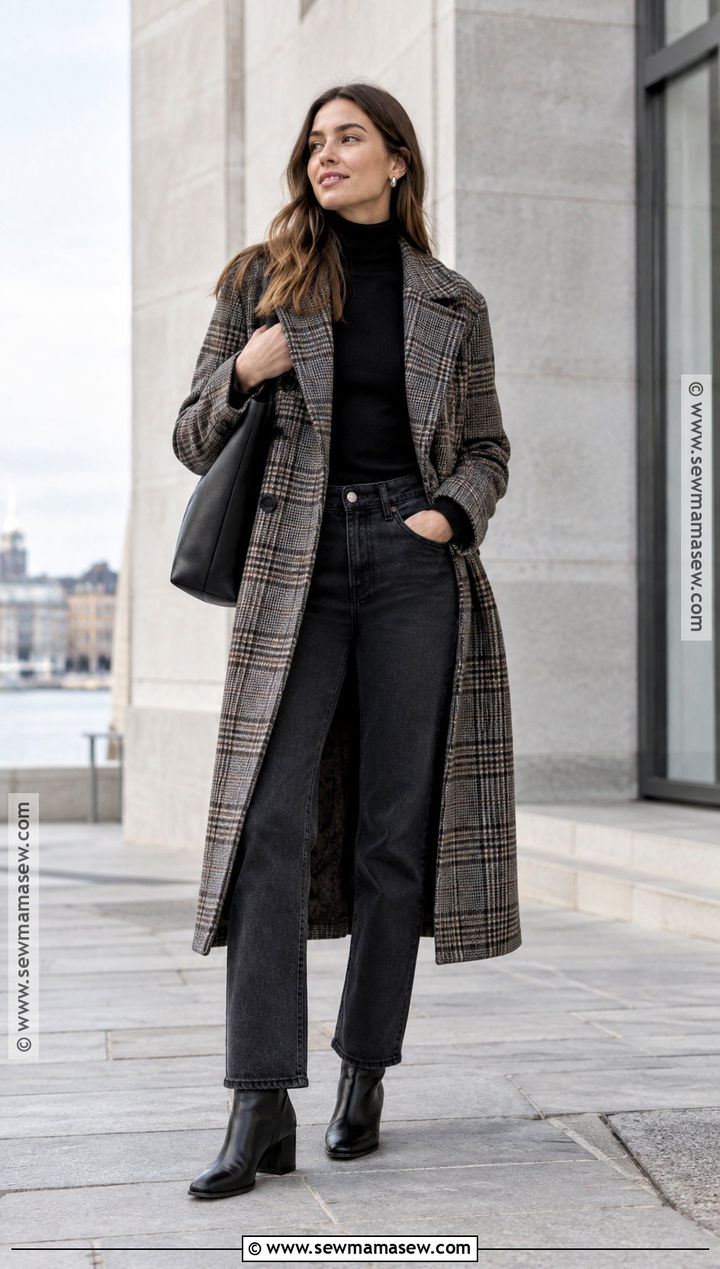 Stockholm Plaid Coat and Monochrome Black Outfit - 20 fall stockholm style ideas