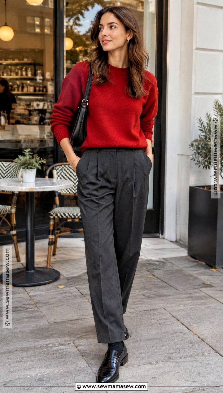 Stockholm Red Sweater and Gray Trousers Outfit - 20 fall stockholm style ideas