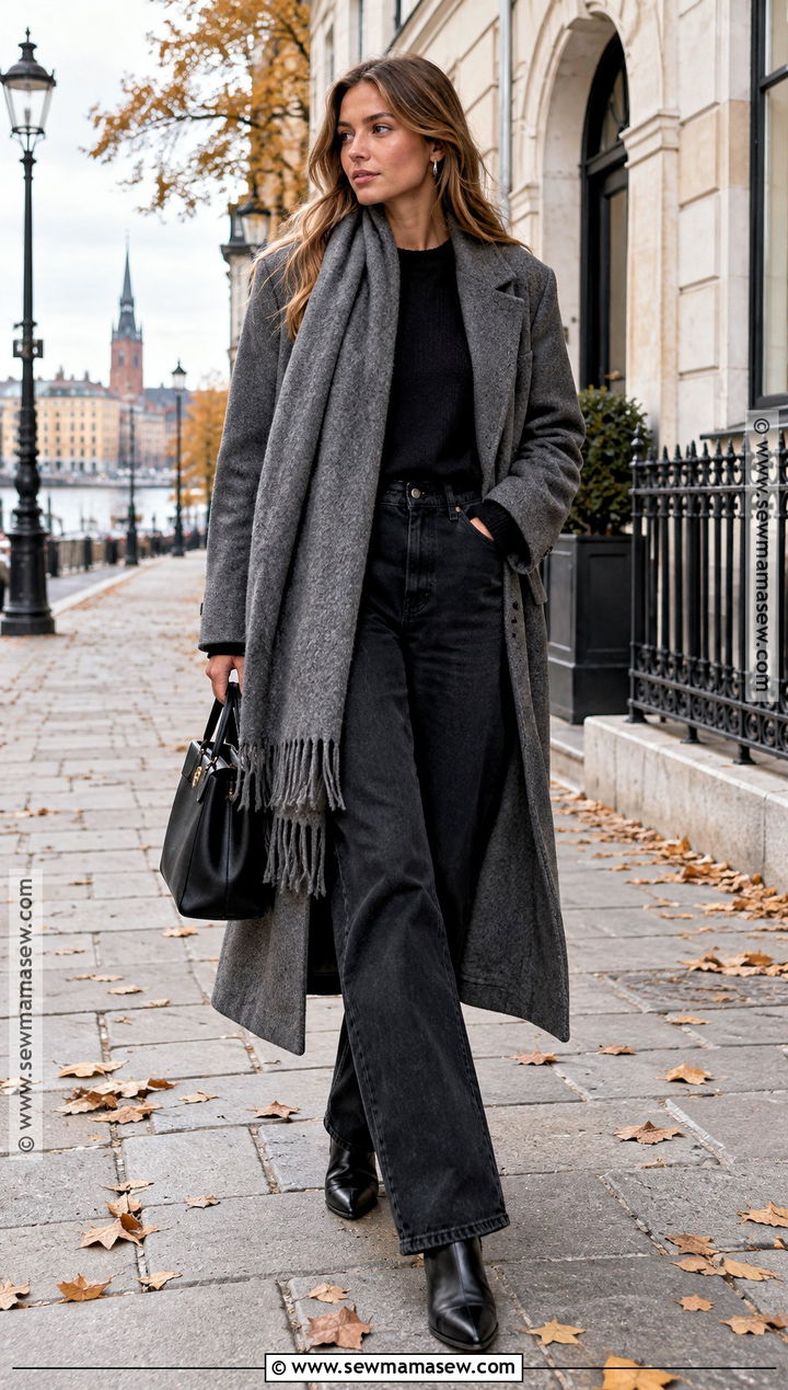 Stockholm Scarf Coat And Wide Leg Jeans Outfit - 20 autumn stockholm style ideas
