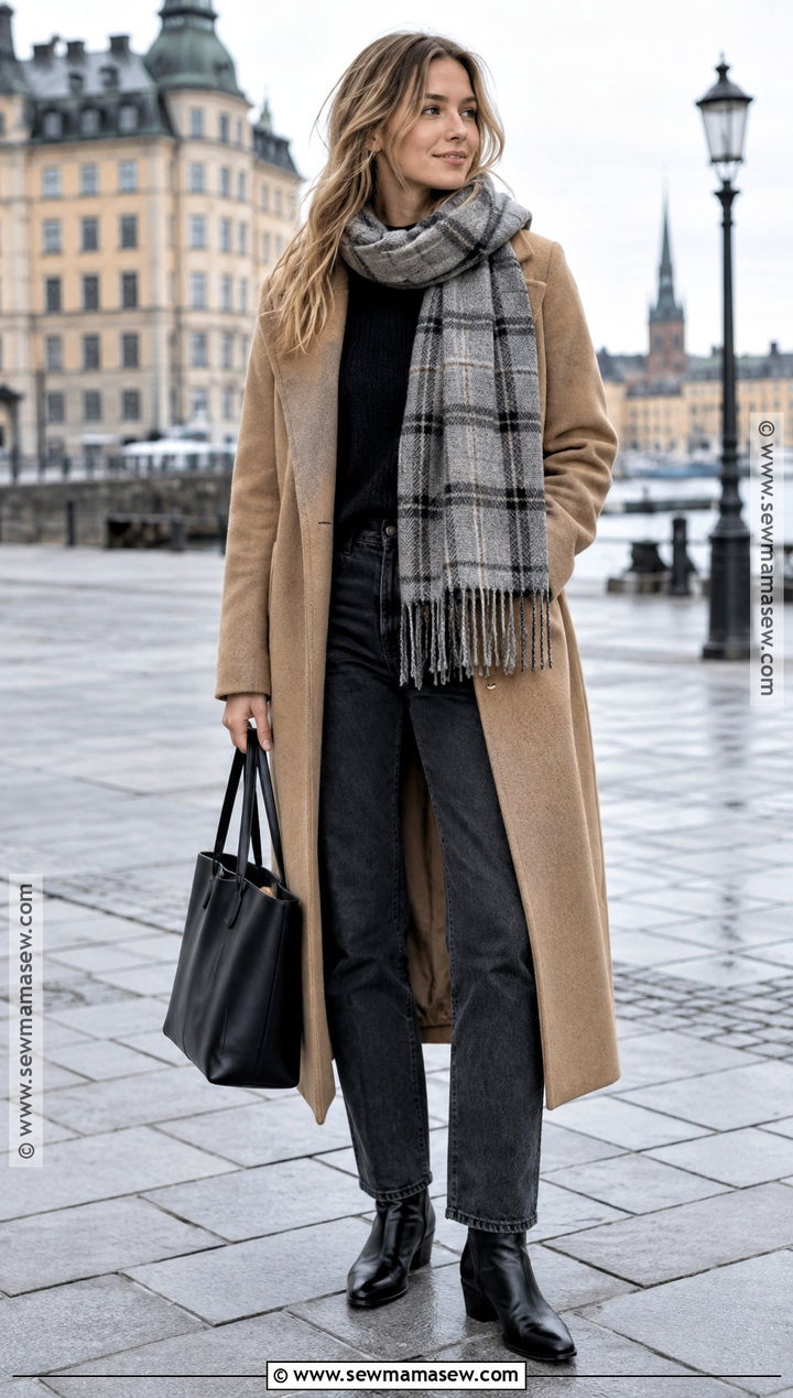 Stockholm Scarf Coat and Dark Jeans Outfit - 20 Fall Outfits Stockholm Style