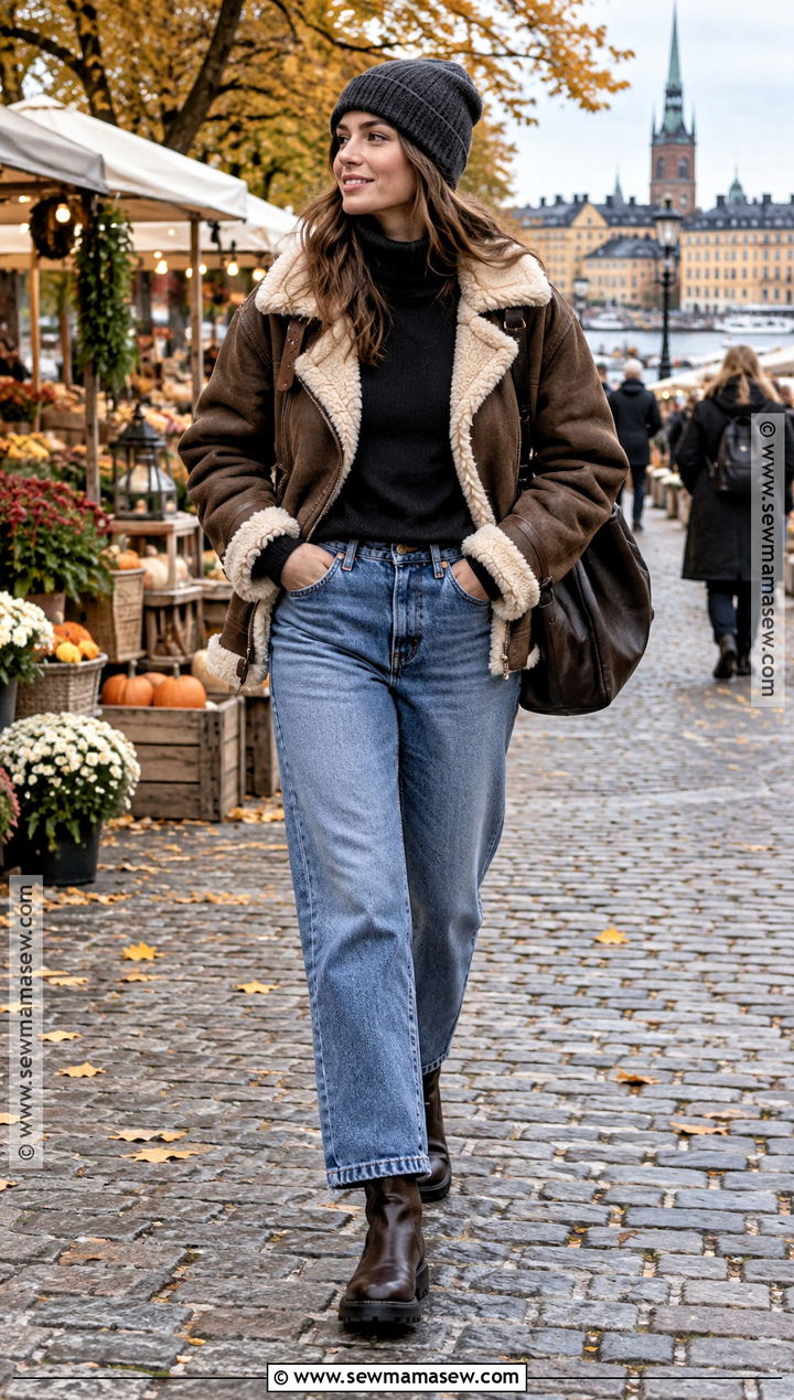 Stockholm Shearling Jacket And Relaxed Jeans Outfit - 20 autumn stockholm style ideas