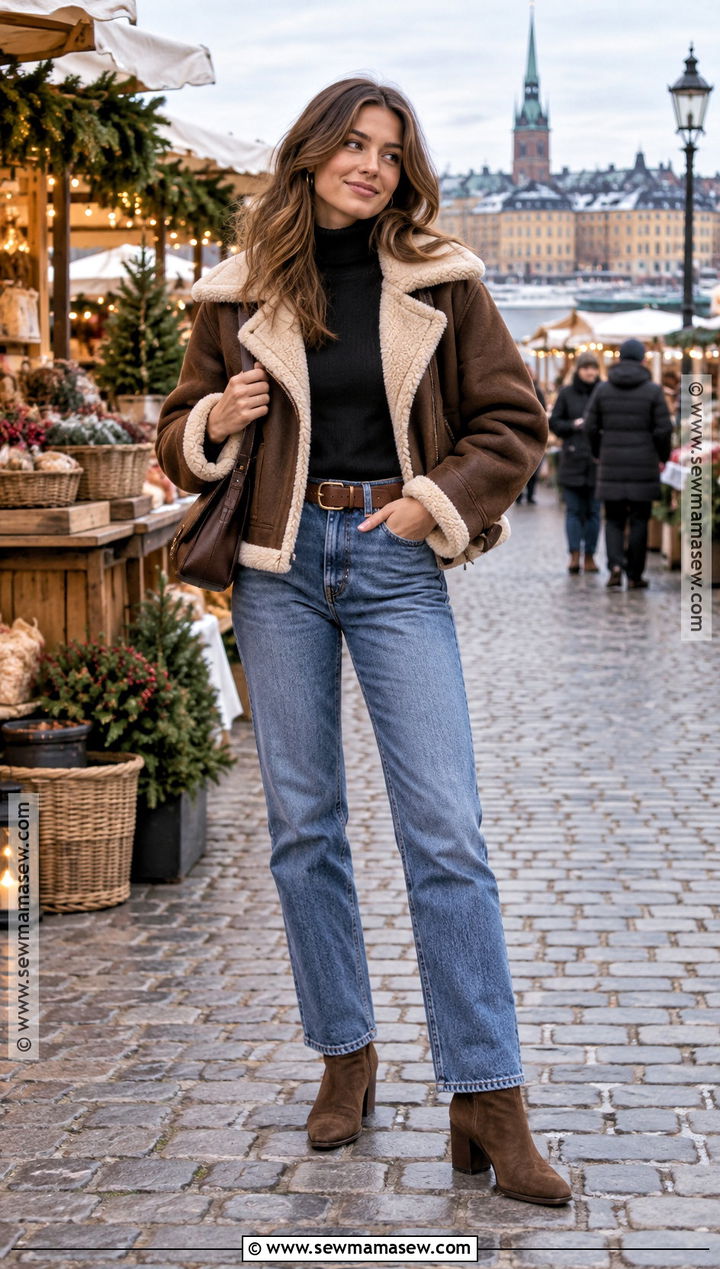 Stockholm Shearling Jacket and Straight Jeans Outfit - 20 fall stockholm style ideas