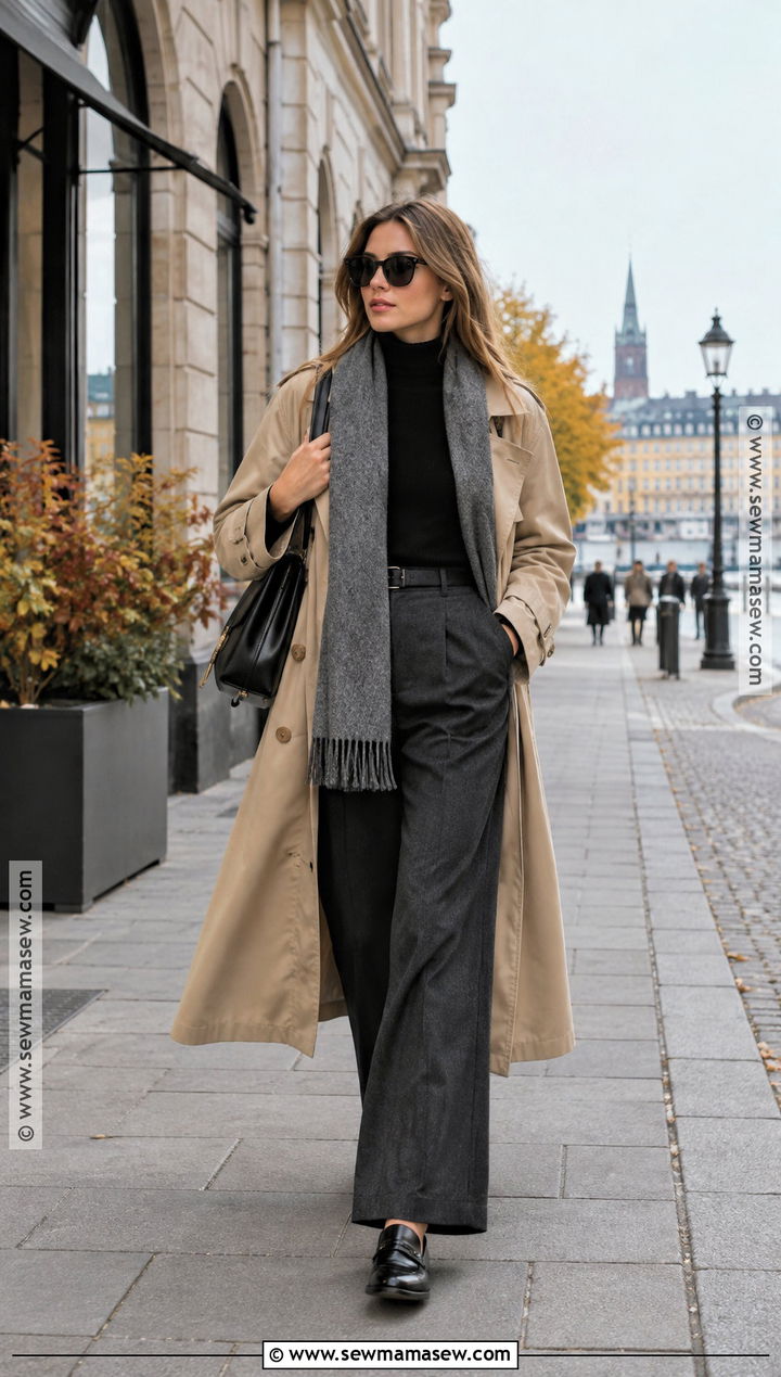 Stockholm Trench Coat And Wide Leg Trousers Outfit - 20 autumn stockholm style ideas