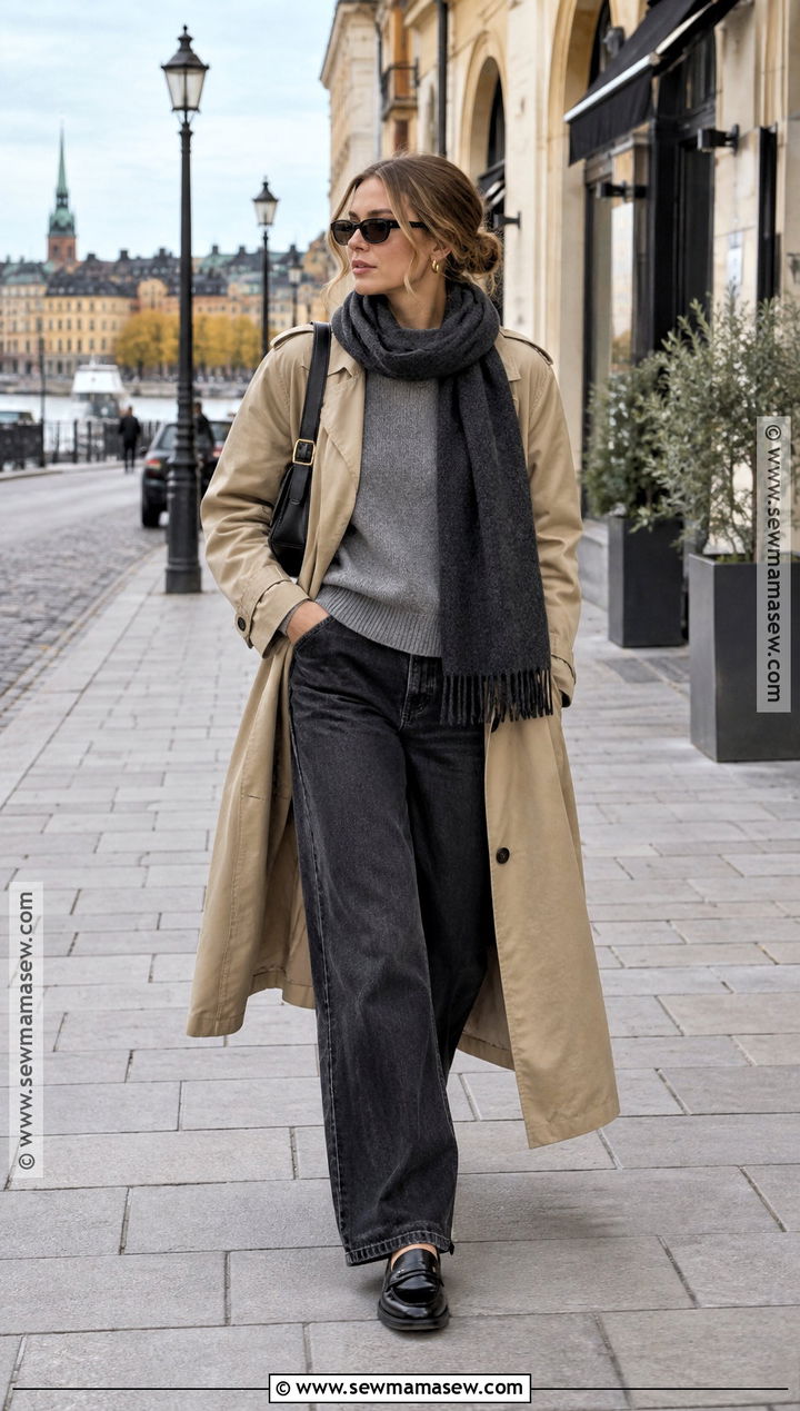 Stockholm Trench Coat and Wide Leg Jeans Outfit - 20 Fall Outfits Stockholm Style