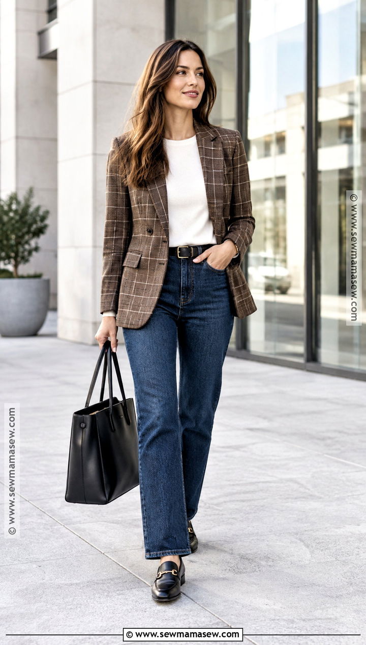 Straight Jean Outfit With Plaid Blazer - 20 Cute Fall Jean Outfits