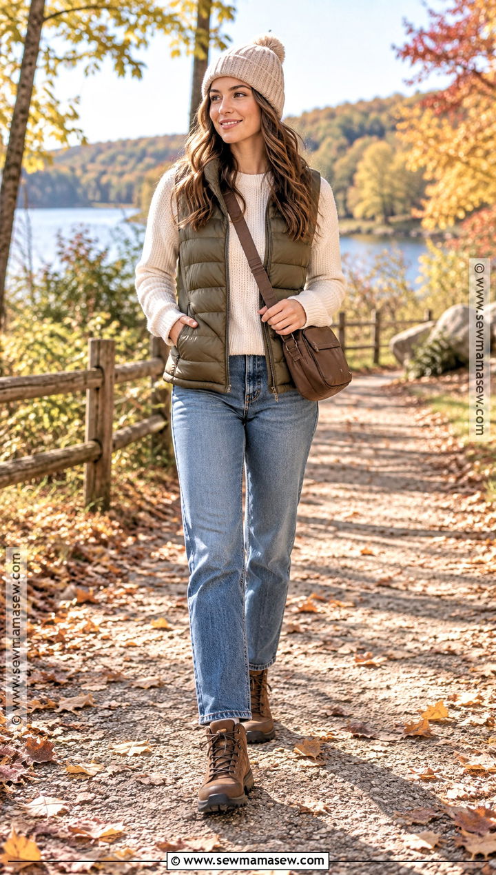 Straight Jeans Puffer Vest and Hiking Boots - 15 fall outfit jeans and boots
