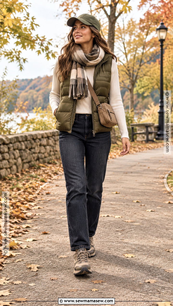 Straight Jeans With A Puffer Vest And Hiking Sneakers - 20 straight jeans outfit fall