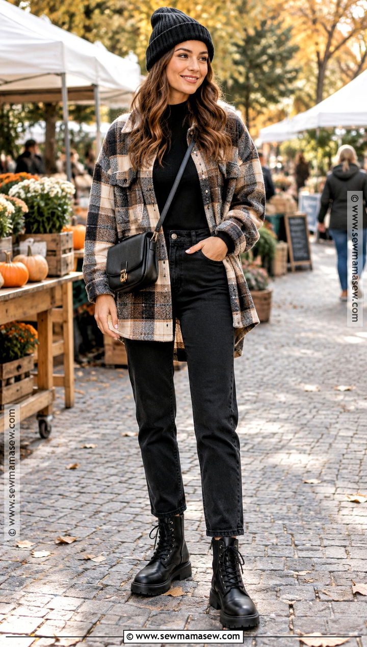Straight Jeans With A Shacket And Combat Boots - 20 straight jeans outfit fall