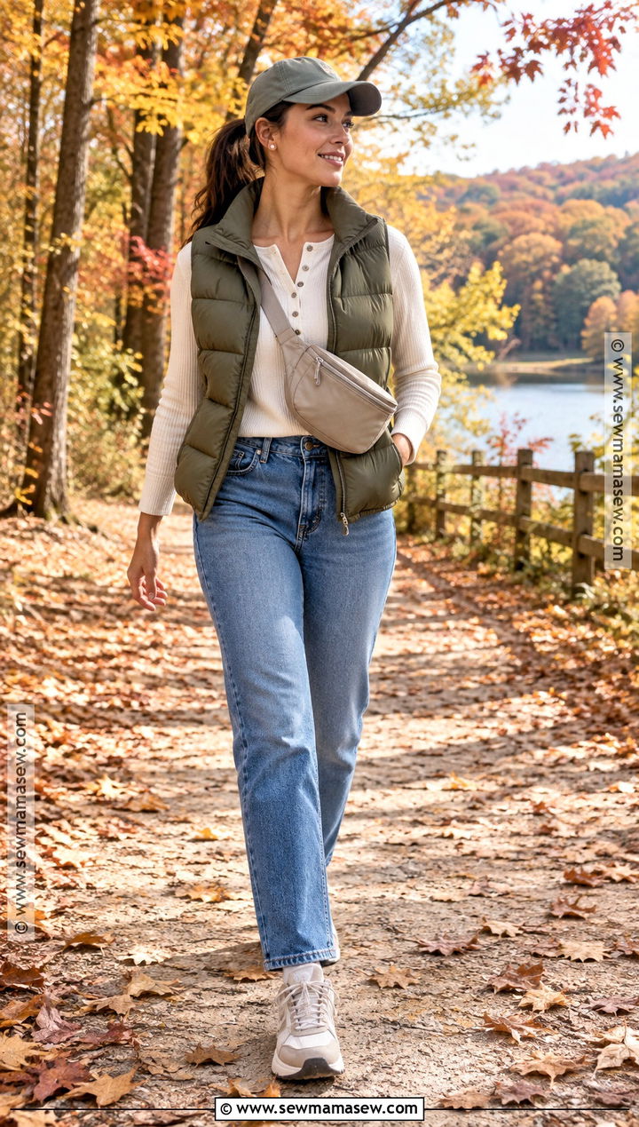 Straight Jeans With Puffer Vest And Trail Sneakers - 20 fall outfit with jeans