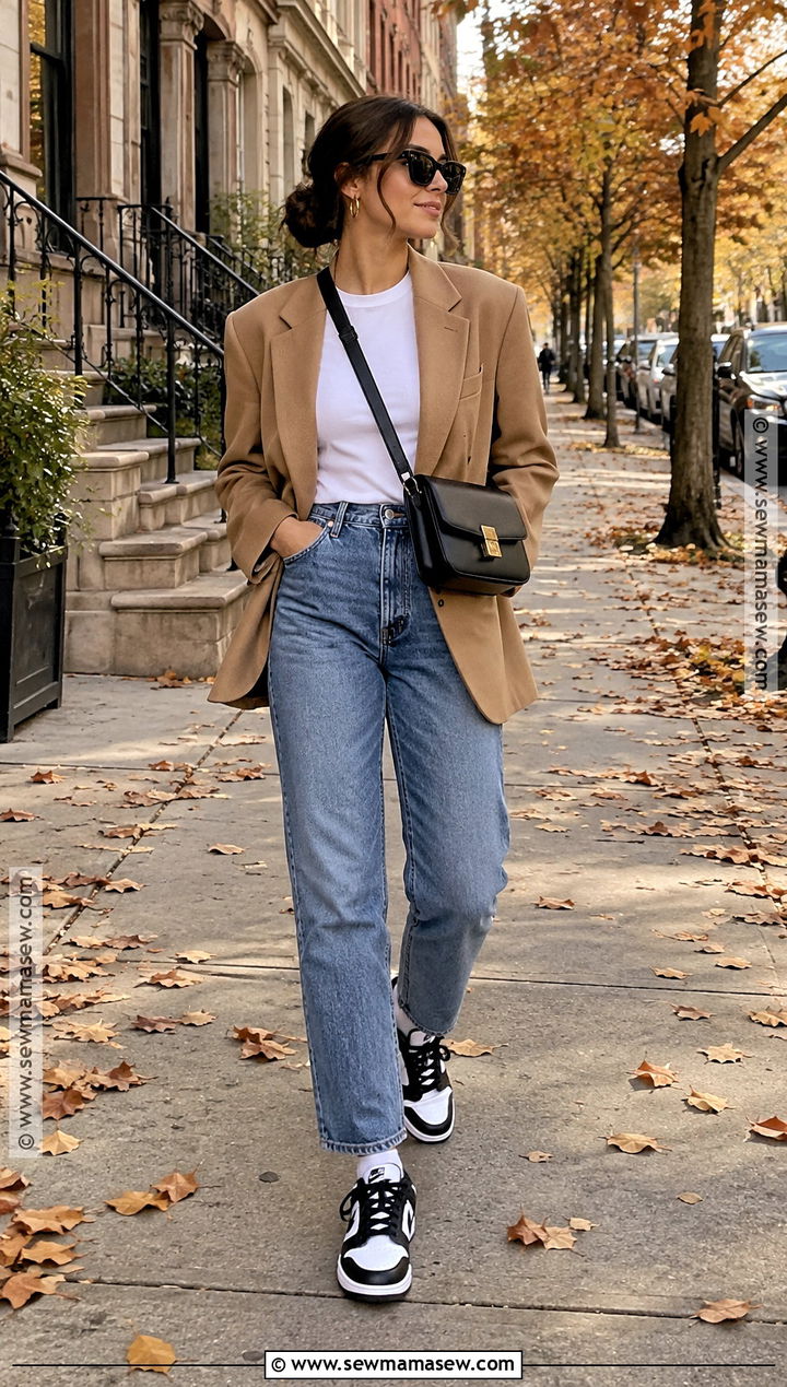 Straight Leg Jeans And Blazer With Dunks - 15 Fall Outfit With Dunks Ideas
