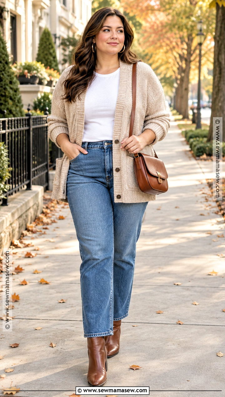 Straight Leg Jeans And Cardigan Fall Outfit - 20 Fall Outfits For Mid Size for Women