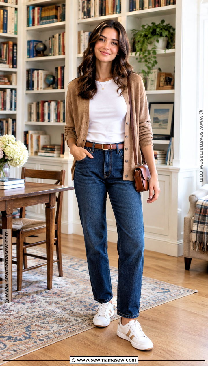 Straight Leg Jeans And Cardigan Nanny Outfit - 15 nanny outfit ideas fall