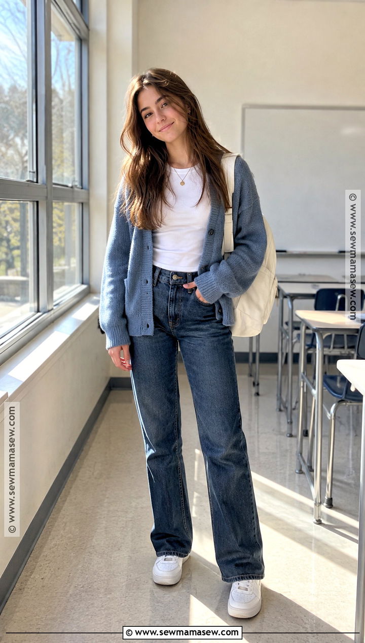 Straight Leg Jeans And Cardigan School Outfit - 15 back to school highschool outfits