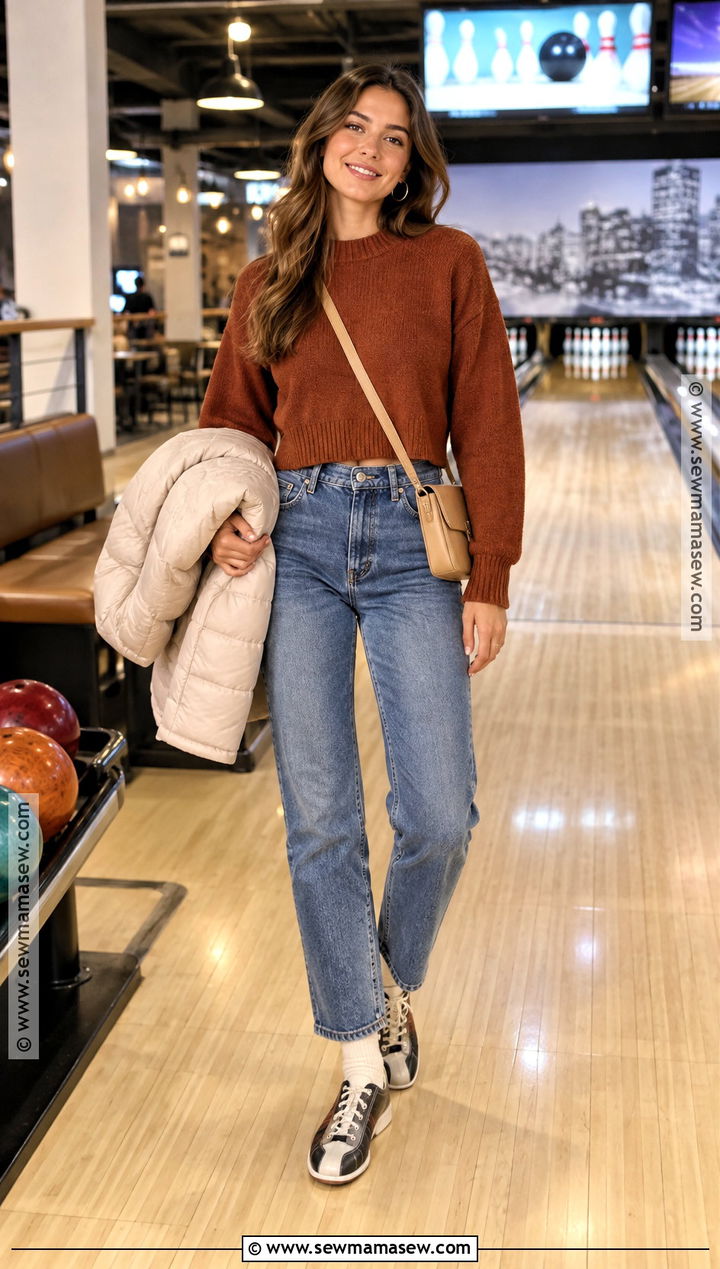 Straight Leg Jeans And Cropped Sweater Bowling Outfit - 15 bowling outfit ideas fall