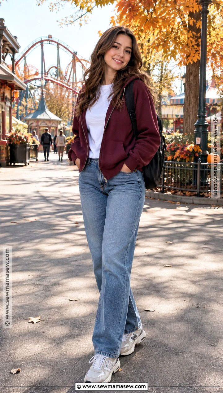 Straight Leg Jeans And Hoodie Fall Amusement Park Outfit - 20 fall amusement park outfit ideas
