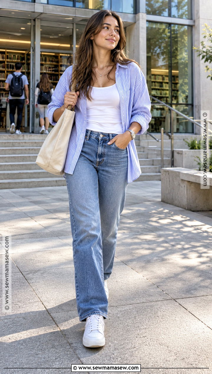 Straight Leg Jeans And Oversized Button Down School Outfit - 25 back to school outfit ideas