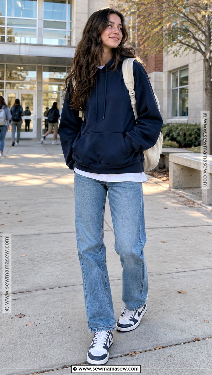 Straight Leg Jeans And Oversized Hoodie Outfit - 20 comfy back to school outfits