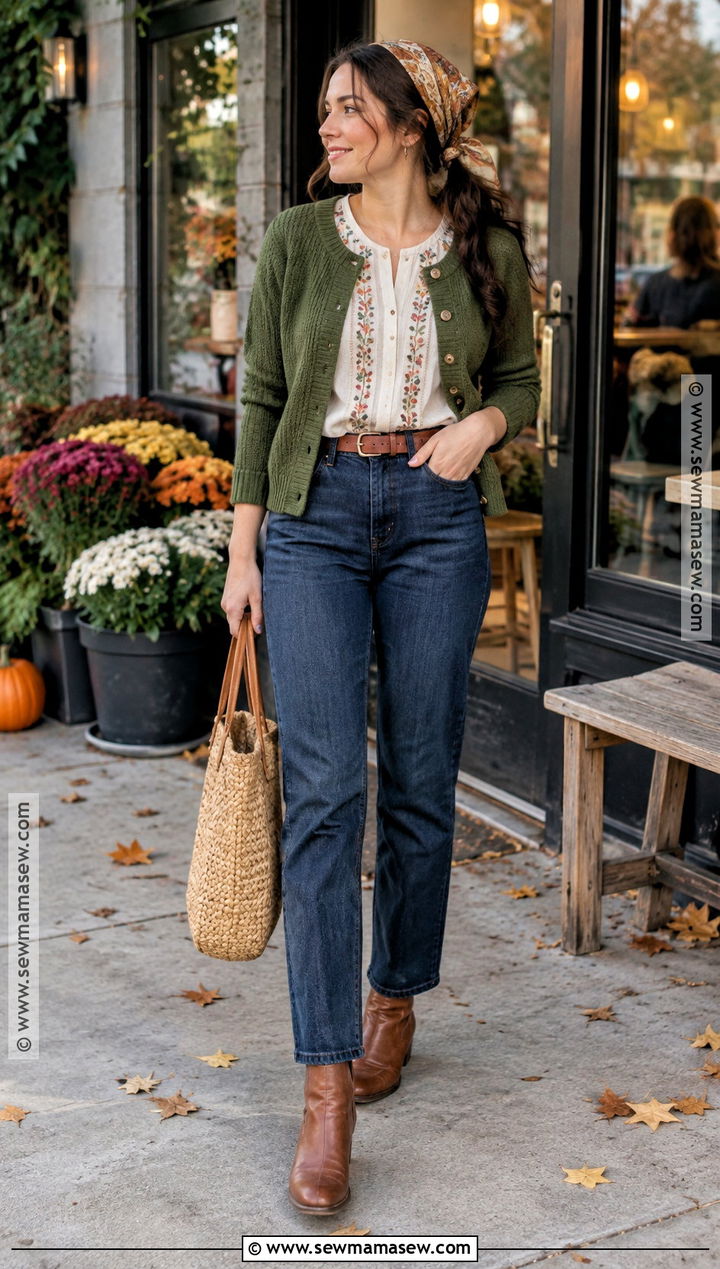 Straight Leg Jeans And Puff Sleeve Blouse Autumn Cottagecore Outfit - 25 autumn cottagecore outfit ideas