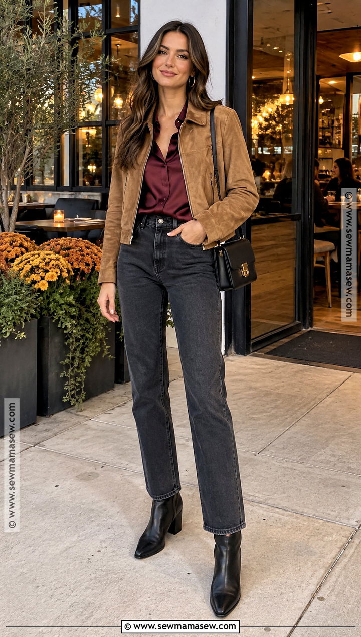 Straight Leg Jeans And Satin Blouse Outfit - 15 Birthday Party Guest Outfit Casual Fall Ideas