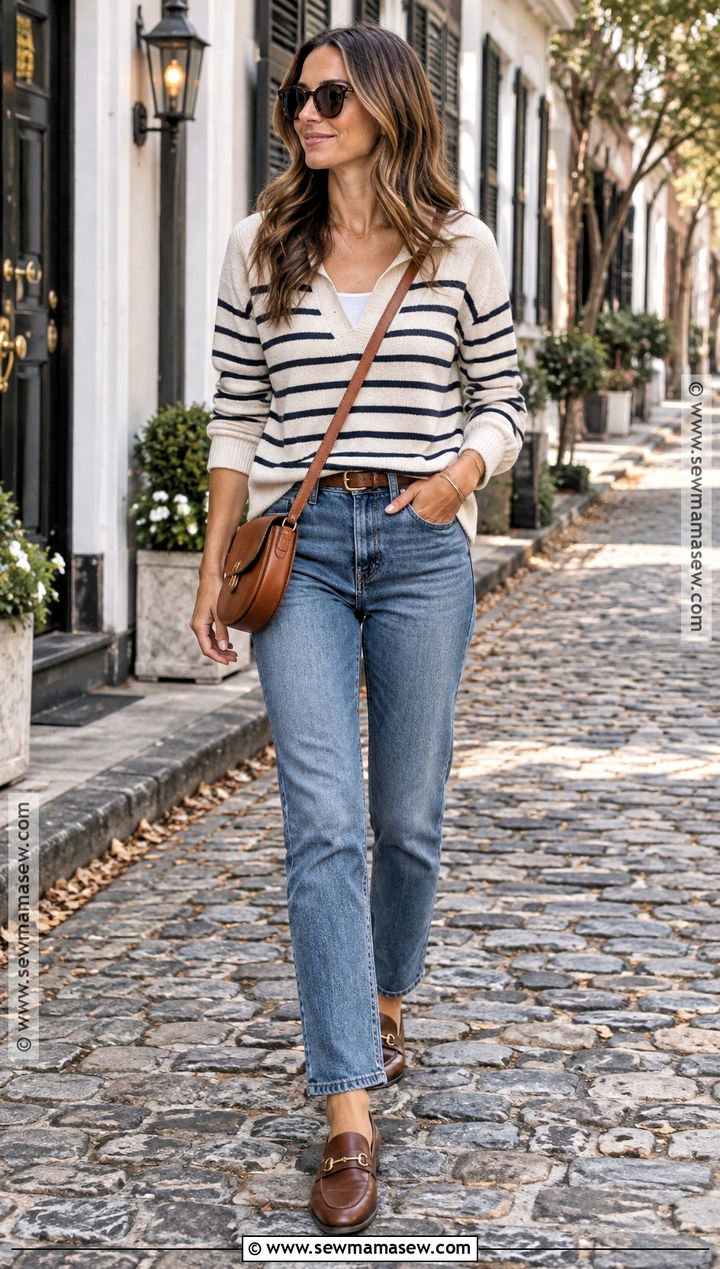 Straight Leg Jeans And Striped Sweater Charleston Fall Outfit - 20 charleston outfits fall