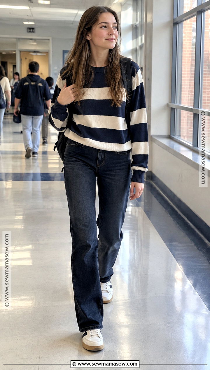 Straight Leg Jeans And Striped Sweater High School Outfit - 25 back to school fits highschool