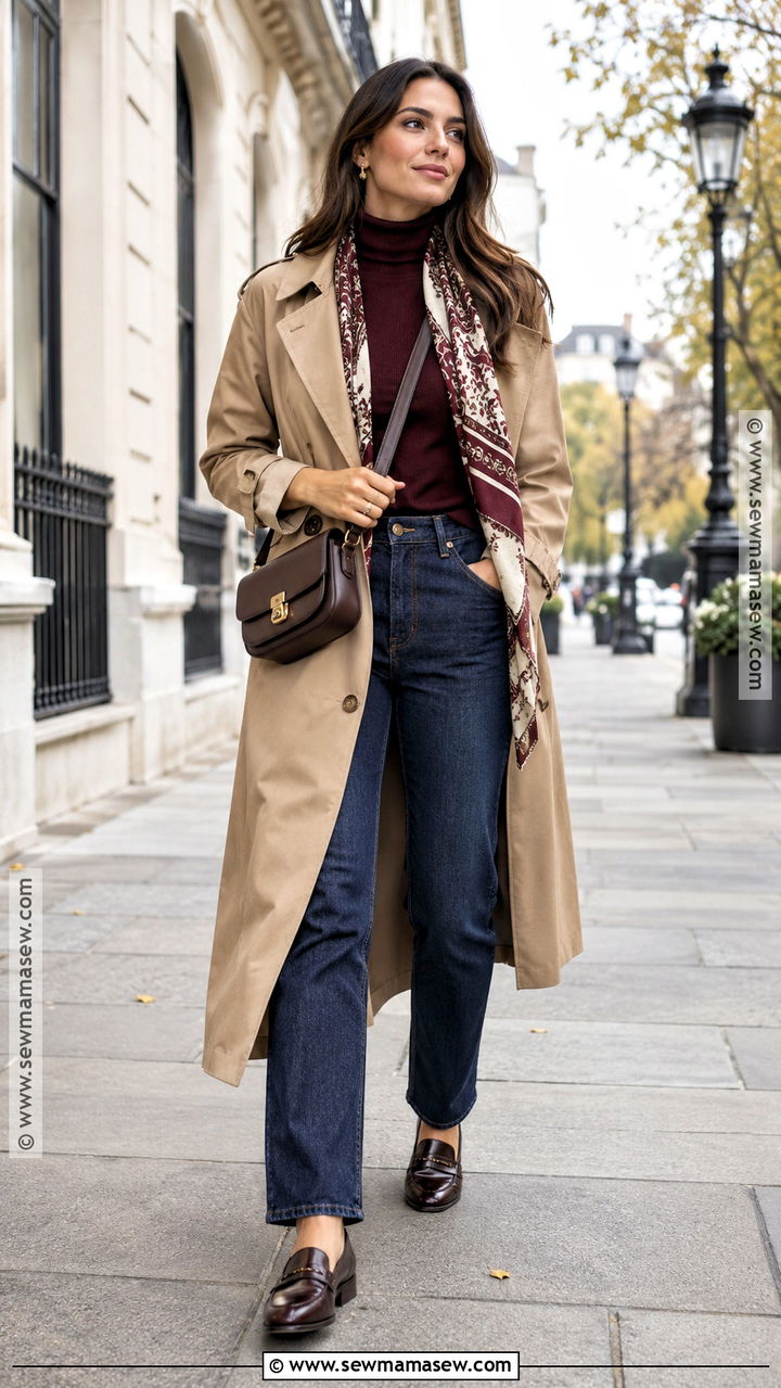 Straight Leg Jeans And Trench Coat Fall Outfit - 20 pants fall outfit