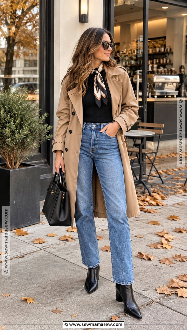 Straight Leg Jeans And Trench Coat Outfit - 15 Cozy Fall Date Night Outfit Ideas
