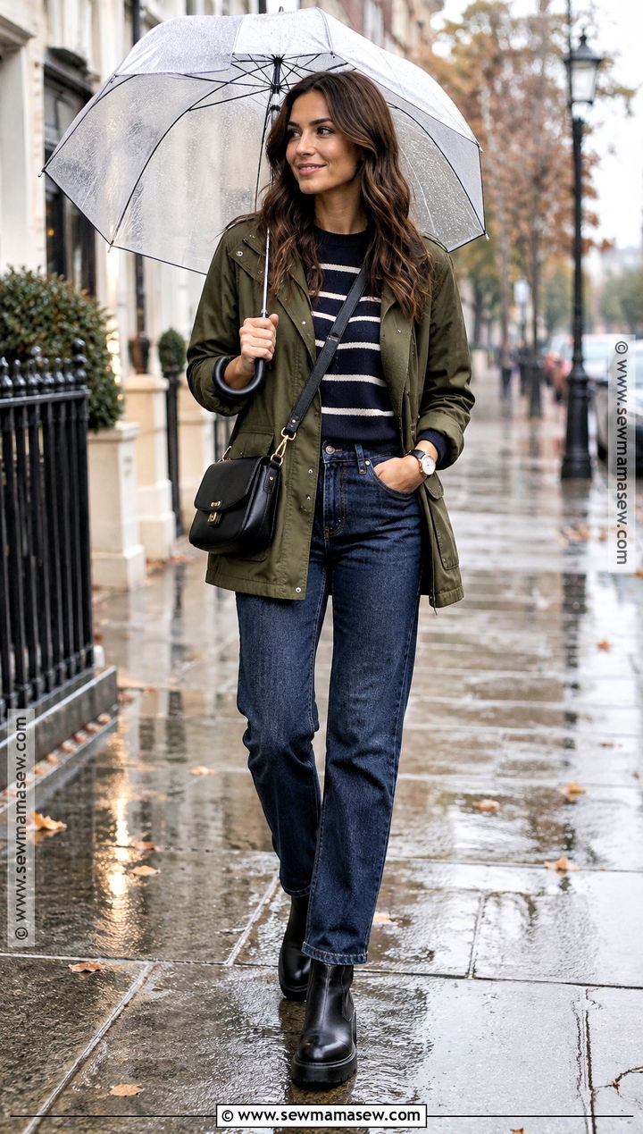 Straight Leg Jeans And Waterproof Boots Outfit - 25 rainy fall outfit ideas