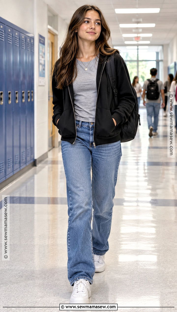 Straight Leg Jeans And Zip Up Hoodie School Outfit - 20 cute back to school outfits highschool baddie ideas