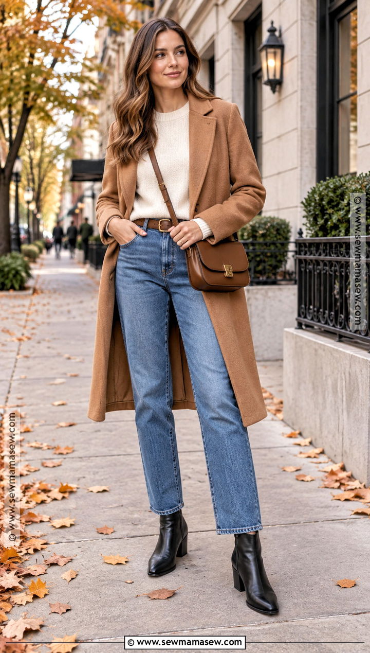 Straight Leg Jeans Crewneck Sweater and Ankle Boots - 15 fall outfit jeans and boots
