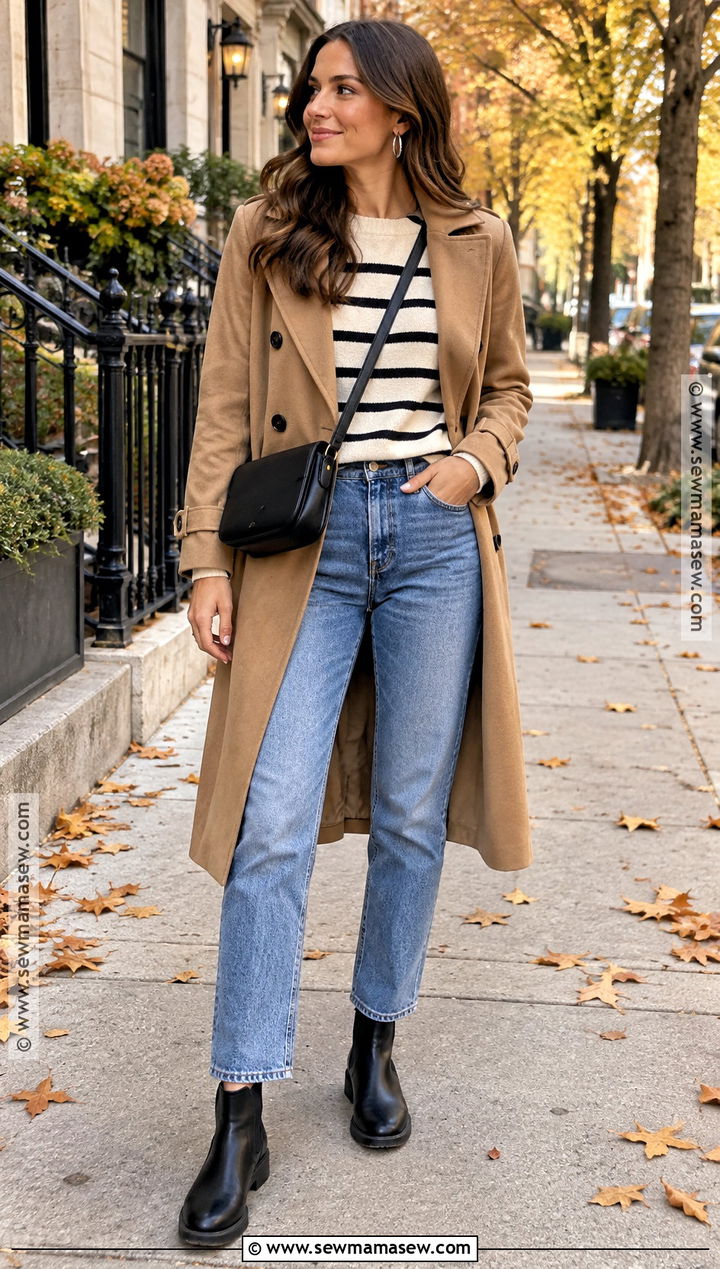 Straight Leg Jeans Striped Sweater And Black Chelsea Ankle Boots - 15 Fall Jeans Outfit Casual Ankle Boots