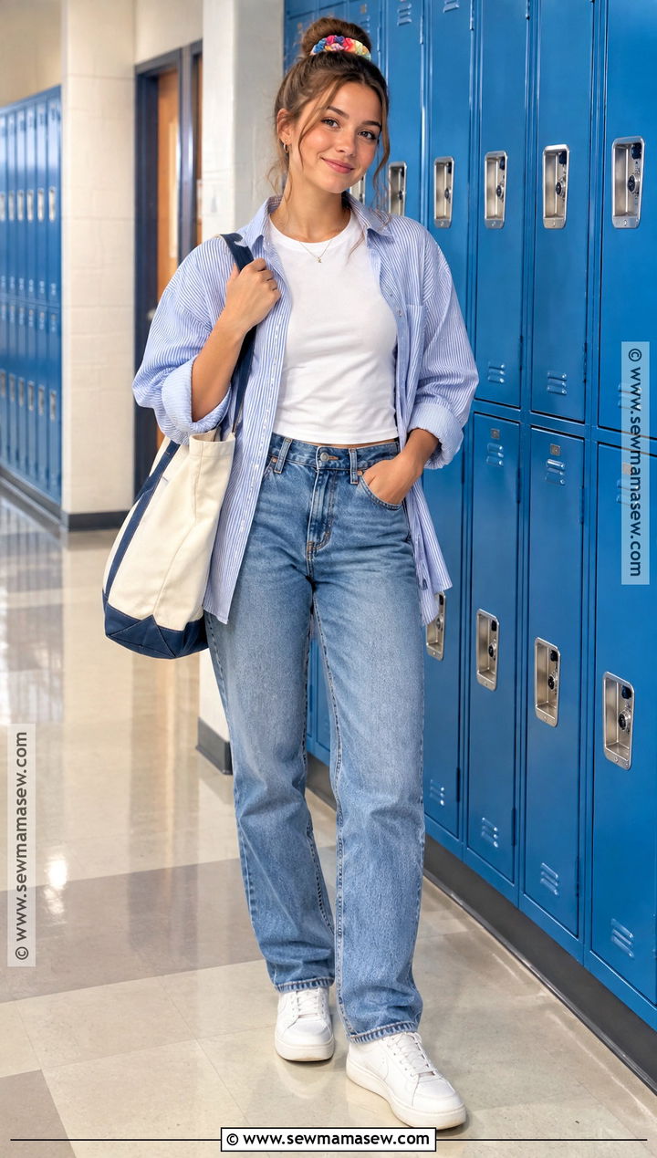 Straight Leg Jeans With Button Down Shirt and Sneakers - 15 pants for back to school