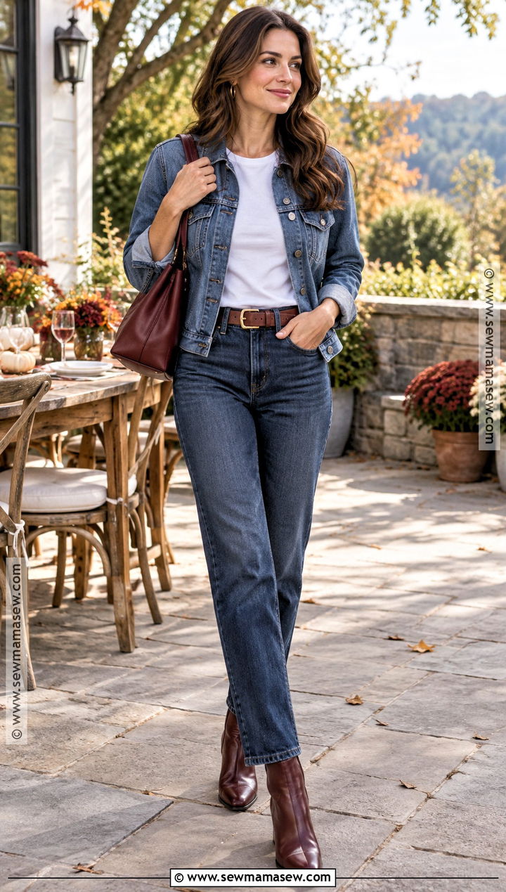 Straight Leg Jeans With Denim Jacket And Burgundy Accessories - 15 Fall Outfit Straight Leg Jeans