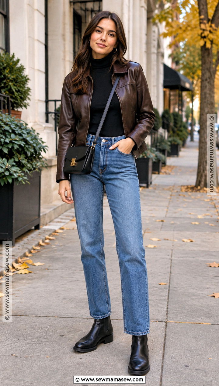 Straight Leg Jeans With Leather Jacket And Turtleneck - 15 Fall Outfit Straight Leg Jeans