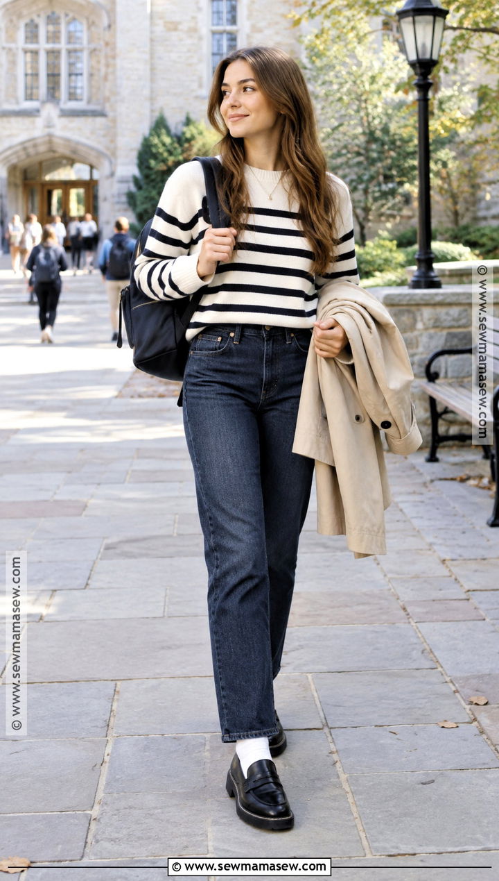 Straight Leg Jeans With Striped Sweater and Loafers - 20 back to school pants