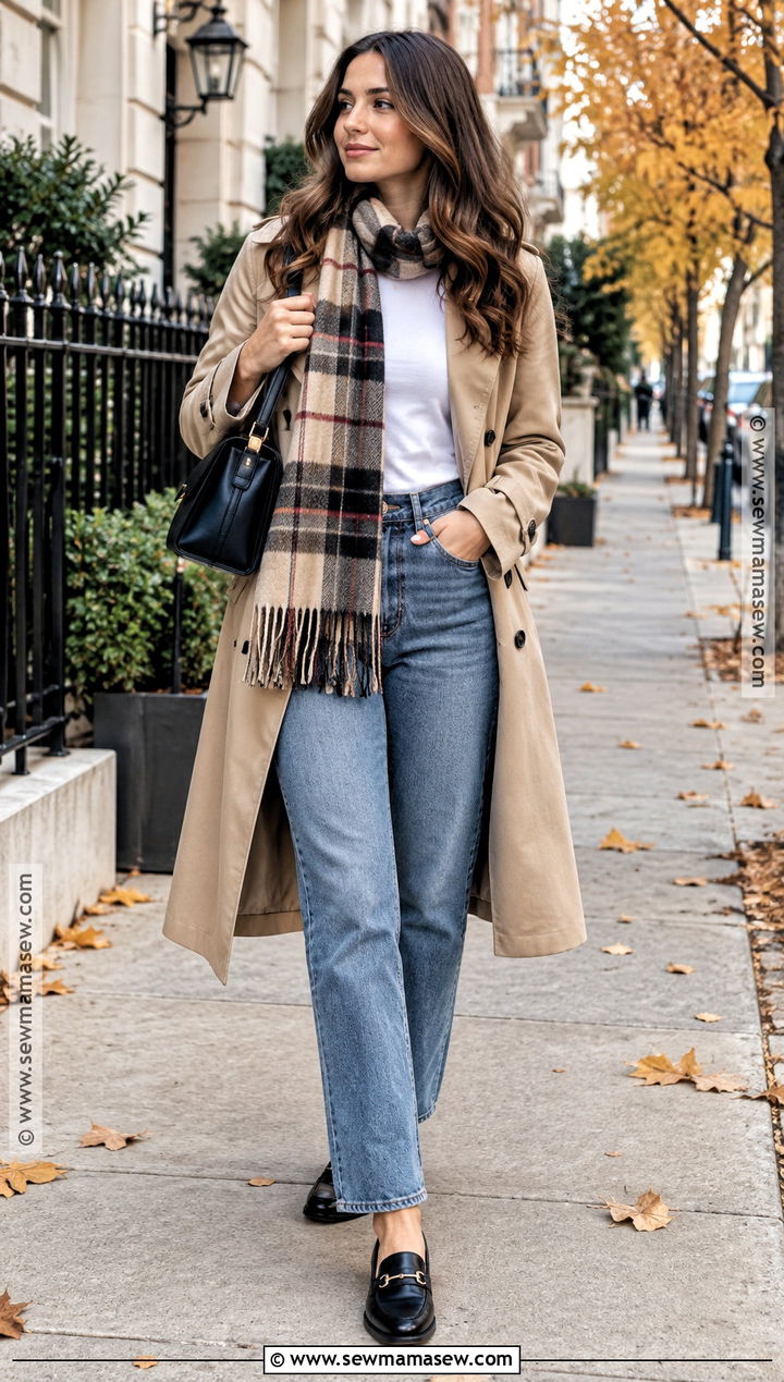 Straight Leg Jeans With Trench Coat - 15 cute fall jeans outfits