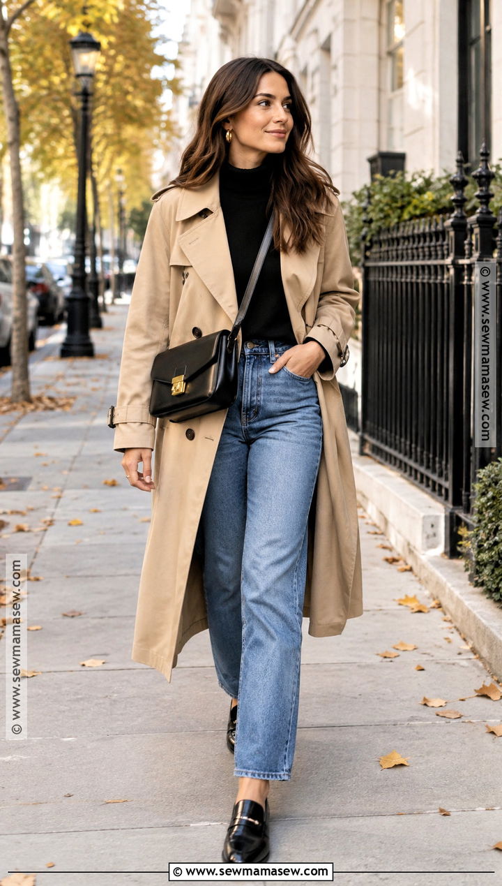 Straight Leg Jeans With Trench Coat - 20 jean outfits fall