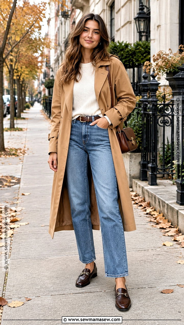 Straight Leg Jeans With Trench Coat - 25 autumn jeans outfits