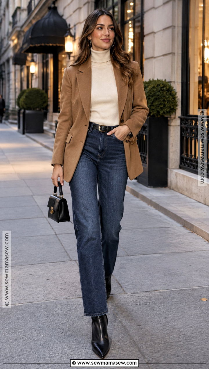 Straight Leg Jeans With Turtleneck and Blazer - 20 date night jeans outfit fall
