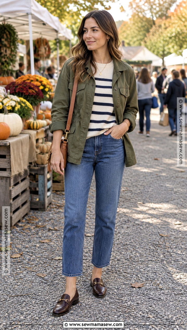 Straight Leg Jeans With Utility Jacket And Striped Knit - 15 Fall Outfit Straight Leg Jeans