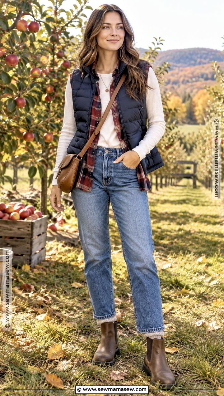 Straight Leg Jeans With a Plaid Shirt and Puffer Vest - 20 straight leg jeans outfits fall
