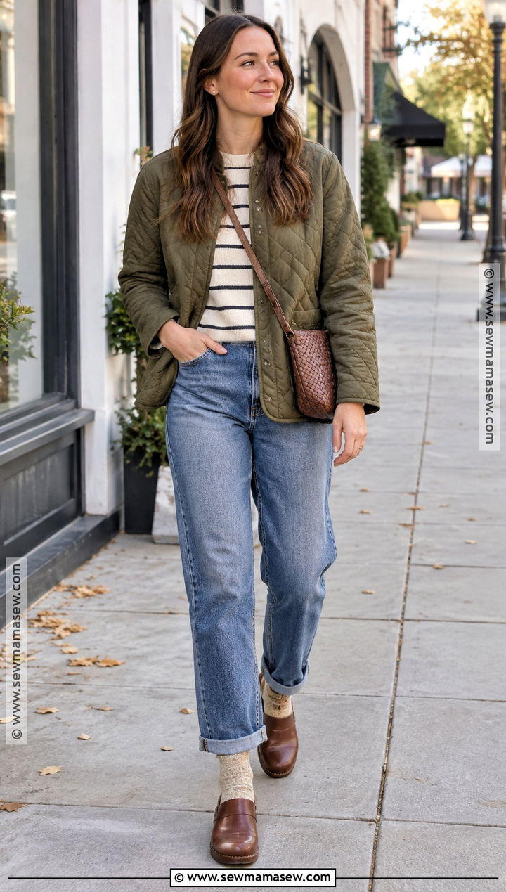 Straight Leg Jeans With a Quilted Jacket and Clogs - 20 straight leg jeans outfits fall