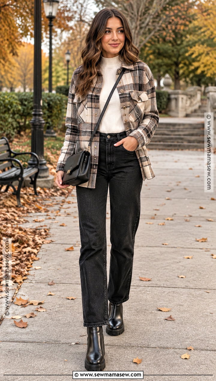 Straight Leg Jeans With a Shacket and Lug Boots - 20 straight leg jeans outfits fall