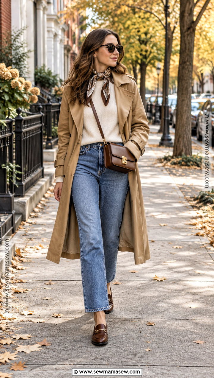 Straight Leg Jeans With a Trench Coat - 25 Fall Outfits With Jeans